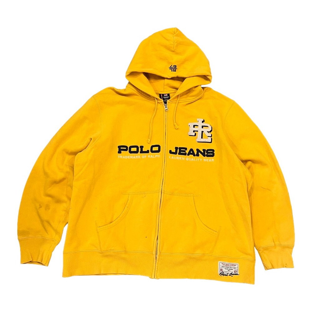 Vtg 90s Ralph Lauren Full Zip Up Hoodie Mens XL Yellow Spell Out Logo Polo Jeans